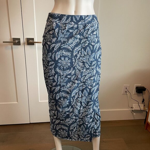 Rip Skirt Floral Polyester Spandex Wrap Skirt w Velcro Close Denim Blue White S - Picture 1 of 16